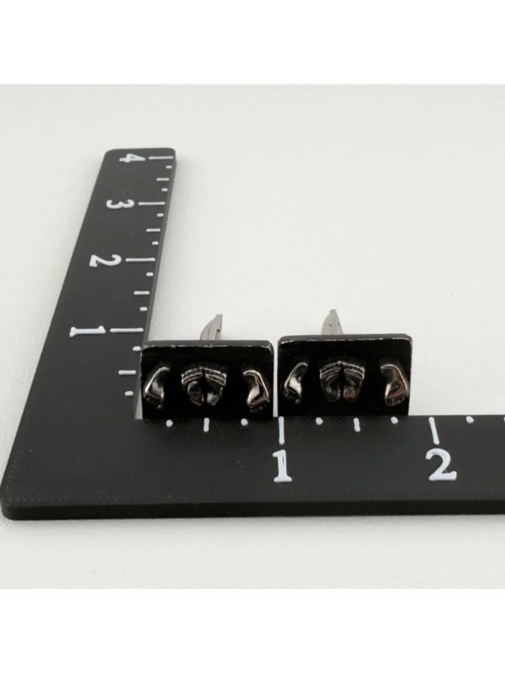 Vintage Black Silver Tone Rectangle Baby Feet Cuff Links
